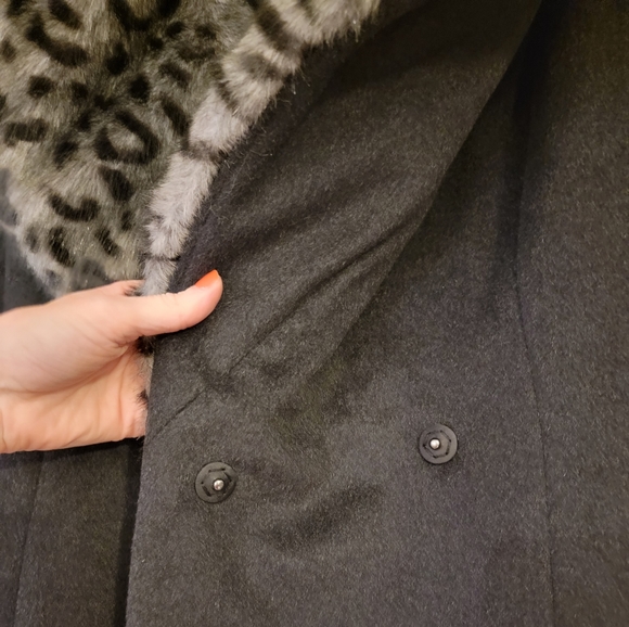 VIA SPIGA WOOL LEOPARD FUR LONG PEA COAT WINTER JACKET SIZE MEDIUM - Picture 2 of 15